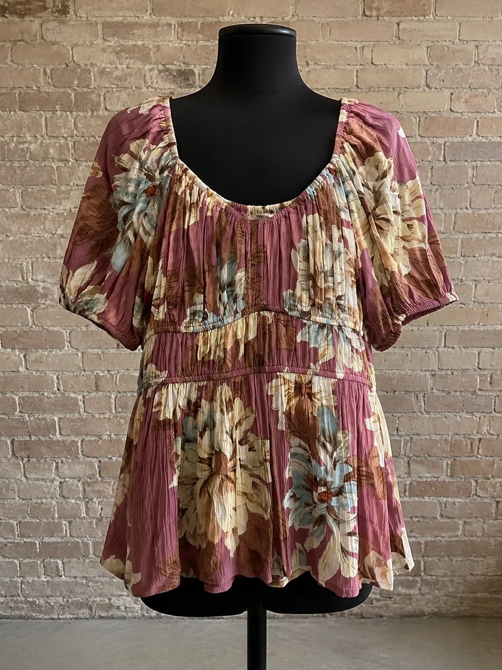 Floral Puff-Sleeve Peasant Top - Mauve